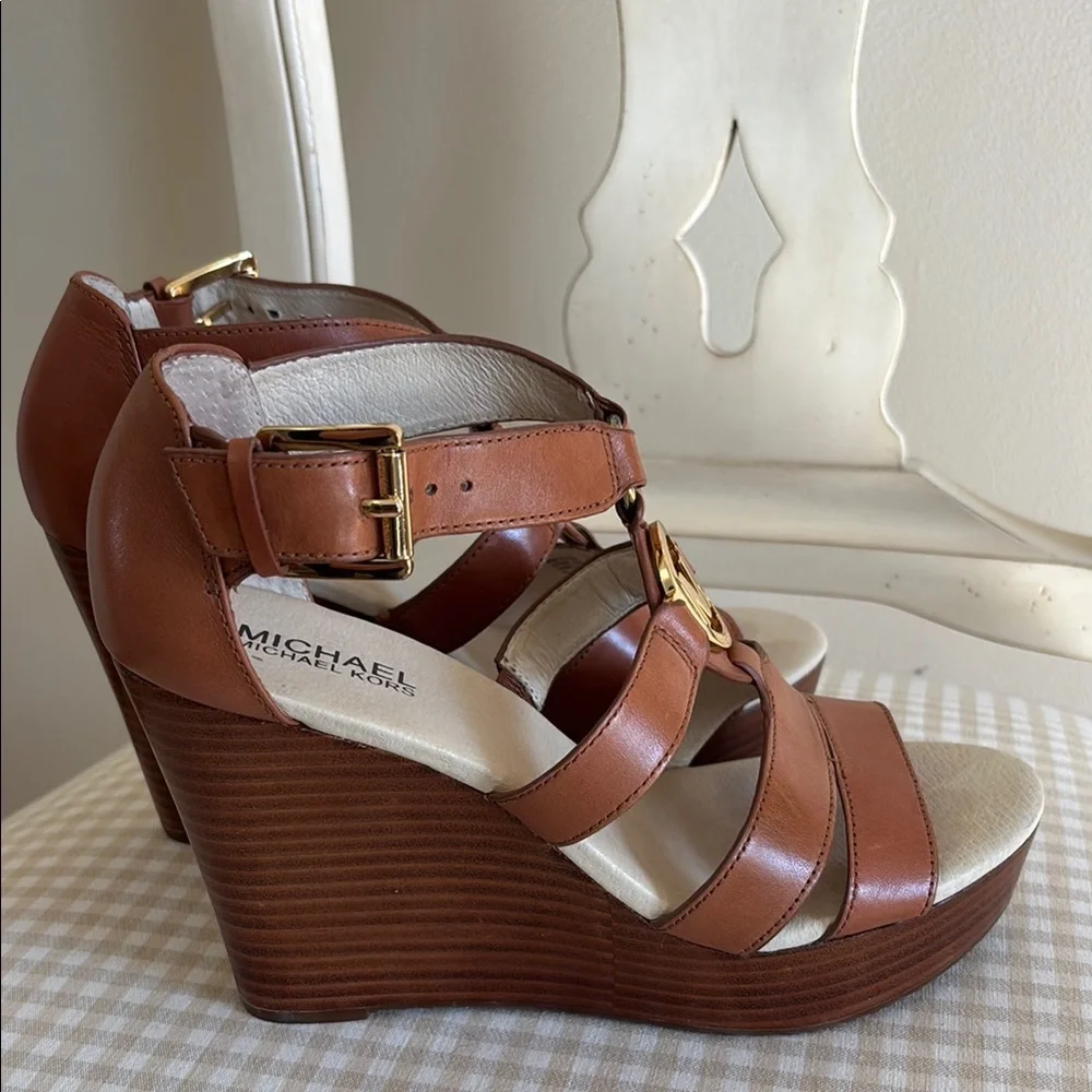 Michael Kors Tan Leather Wedge Sandals with Gold MK Medallion